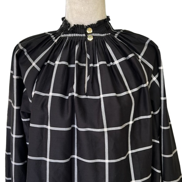 Marie Oliver Silk Black & White Plaid Windowpane Printed Ruffle Neck Blouse - S - Picture 5 of 14